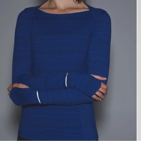 Lululemon Kanto Catch Me Long Sleeve Size 4 Stripe Sapphire Blue Black Top Shirt - Picture 3 of 11